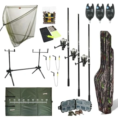 Afbeelding van Fish Xpro Improve mega Karperset 3 rod Hengels Molens Karpernet Rodpod Beetmelders Onthaakmat Foudraal
