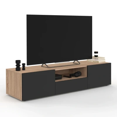 Image de Meuble TV 140 cm ELI bois façon hêtre portes noires IDMarket