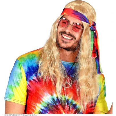 Afbeelding van Widmann Hippie pruik met batik hoofdband, krullend synthetisch haar, Flower Power, reggae, themafeest, carnaval
