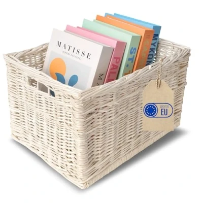 Afbeelding van Creative Home Wit Rieten Mand Opbergdoos met Handvatten 40 x 30 24 cm (+/ 2 cm) Handgemaakt Duurzaam Ideaal Voor Documenten, Kostbaarheden, Speelgoed, Gereedschap Kinderen