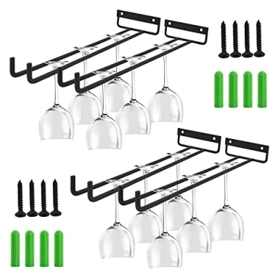 Afbeelding van Wijnglashouder, 4 stuks glazenhouders om op te hangen, metalen wijnglazen, houder, glazenrailhouder, onder kast, hangend wijnglazenrek voor keuken, bar, restaurant, 30 cm, zwart