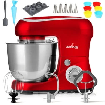 Afbeelding van Lehmann Planetaire keukenmachine met 5 liter roestvrijstalen kom, multifunctionele mixer 2200 W, deegmachine 6 snelheden, spatwaterdicht deksel, deeghaak en garde, rood