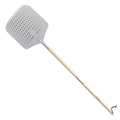 Afbeelding van Chef Pomodoro Professionele pizzaschep van geperforeerd aluminium met uittrekbare en afneembare houten handgreep voor eenvoudige opslag, hoogwaardige taartschep, 35 cm x 30