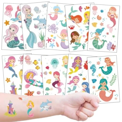 Afbeelding van Tattoo voor kinderen, 10 vellen huidvriendelijke tatoeages verjaardagscadeau (zeemeermin)