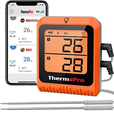 Afbeelding van ThermoPro TP25H2 Keukenthermometer met timer en alarmfunctie, 150 m, ontvangt, bluetooth, vleesthermometer, dubbele sondes, oplaadbaar, kookthermometer voor BBQ, vlees, grill, oven