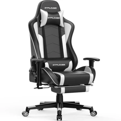 Afbeelding van GTPLAYER Gamerstoel met voetensteun, bluetooth luidspreker, ergonomische bureaustoel verstelbare rugleuning, belastbaar tot 150 kg, wit