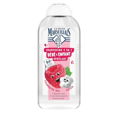 Afbeelding van Le Petit Marseillais 2 in 1 shampoo voor baby&#039;s en kinderen, framboos biologisch katoen (300 ml) 94% natuurlijke oorsprong prikt niet de ogen, zonder siliconen sulfaten hypoallergeen