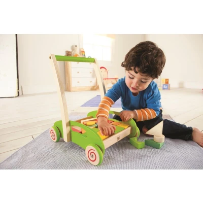 Afbeelding van Hape Block &amp; Roll Houten loopwagen met blokken