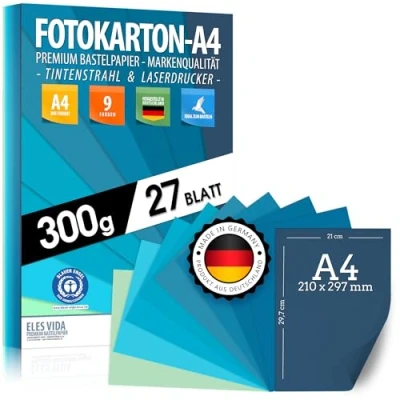 Afbeelding van 27 vellen fotoboek A4 water en blauwe tinten papier 300 g/m² set 9 kleuren stabiel kraftpapier &amp; kleurrijke vellen, voor kinderen knutselen, marineblauw cyaan azuurblauw oceaan