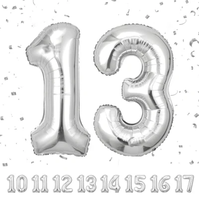 Afbeelding van Verjaardagsballonnen 13, zilverkleurig, 100 cm, ballon cijfer nummer Happy Birthday decoratie, ballonnen, verjaardagsfeest, jaren vliegen dankzij helium 13