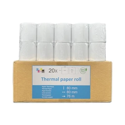 Image de 20 Bobines Papier thermique pour EPSON TM T20II SERIES et WELQUIC 80 mm recharge standard TPV rouleau X 12 mm, 50g adapté a toutes imprimantes. Marque UNIVERS GRAPHIQUE Ref UGEPSONTH