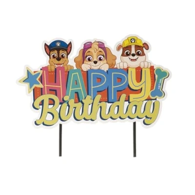 Image de dekora Décoration de Gâteau d&#039;Anniversaire la Pat Patrouille Cake Topper Happy Birthday en Papier 17,5 x 15 cm, Yellow