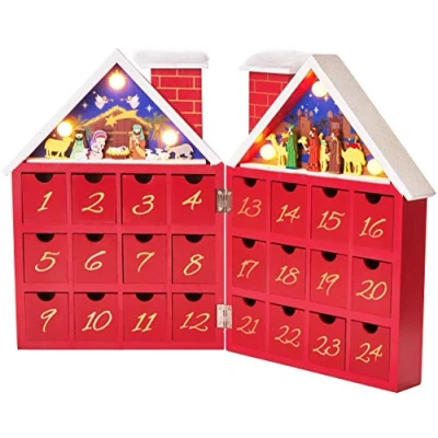 Afbeelding van BRUBAKER Herbruikbare Houten Adventskalender om zelf te vullen Rood Kersthuis met Kerstspel en LED verlichting Doe het kalender 21 x 9 30 cm