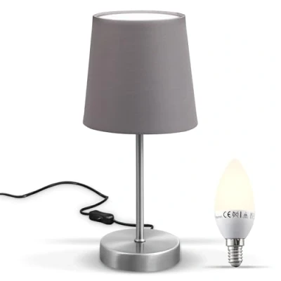 Image de B.K.Licht lampe de chevet avec interrupteur à câble, douille E14, abat jour en tissu, table, bureau, lecture, 30,8 x 10 cm, nickel mat
