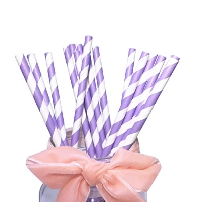 Afbeelding van Paarse lila lavendel gestreepte papieren rietjes 197 mm feesttafeldecoratie