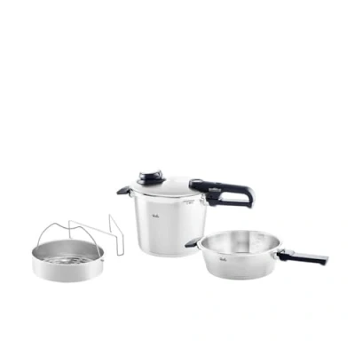 Afbeelding van Fissler Vitavit Set van 4 hoogwaardige snelkookpannen (6 liter Ø 22 cm &amp; snelpan 2,5 l cm) met metalen deksel, inzetstuk inductie