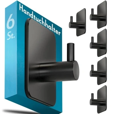 Afbeelding van Menz Handdoekhouder zonder boren, set van 6 zwarte zelfklevende haken met 3M kleefpunten, 100% geschikt voor vochtige ruimtes, perfect als