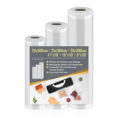 Image de Rouleau Sous Vide Alimentaire, 3 Packs 28/25/20 x 300cm Sac Vide, Convient à Tous Machine Sachet Alimentaire Sans BPA