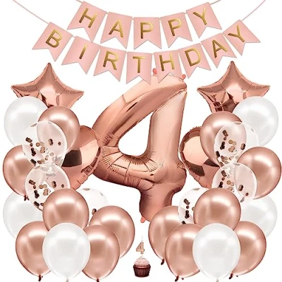 Afbeelding van Verjaardag Decoratie Meisje Rose Goud Nummer 4e Gelukkige Slinger Folieballon 4 Ballon van Kinderen