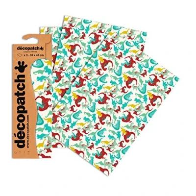 Afbeelding van Décopatch C736O een zakje met 3 vellen bedrukt papier, 30 x 40 cm, dinosaurus
