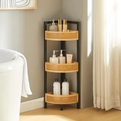 Afbeelding van Hoekkast Tervola met 3 planken 80x23x31,5 cm zwart naturel en rotan look [en.casa]