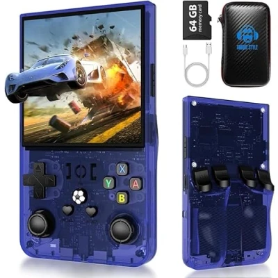 Afbeelding van R36S Max, nieuwe verbeterde versie van de gameconsole, draagbare open source Linux systeem, 64 GB TF kaart, 15.000 retro games, 4 IPS display, gameconsole (blauw)