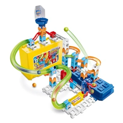 Afbeelding van VTech Marble Rush, Build &amp; Store Box Set M400, bouwspel en opbergdoos, 65 stuks, 5 ballen, cadeau voor kinderen vanaf 4 jaar inhoud in het Frans