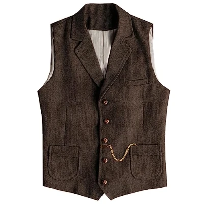 Afbeelding van Tuikayoo Western Herringbone tweed vest voor heren, slim fit, koffie, S