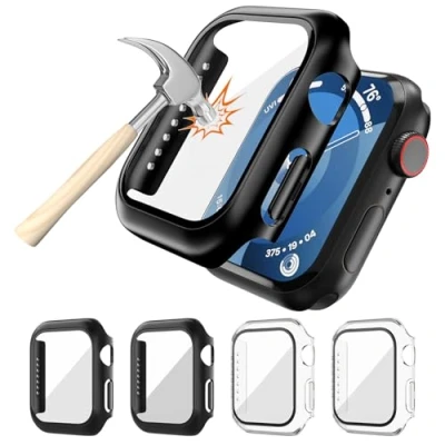 Afbeelding van Set van 4 beschermhoesjes gehard glas voor Apple Watch, compatibel met SE2 SE Series 6 5 44 mm, volledige bescherming, ultradun