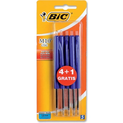 Afbeelding van Bic balpen M10 Clic schrijfbreedte 0,4 mm, medium punt, blauw, blister 4 + 1 gratis