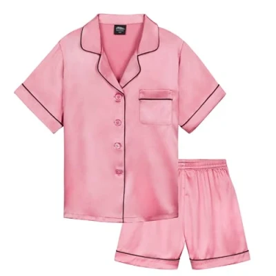 Afbeelding van CityComfort Zomerpyjama voor meisjes, pyjamaset kinderen, satijn, 2 delig, knoopsluiting vooraan, 7 16 jaar, Antieke roze