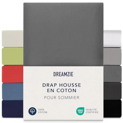 Afbeelding van Dreamzie Hoeslaken Boxspring 180 x 200 cm cm, jersey 100% katoen, matrashoogte tot 37 hypoallergeen, Oeko Tex, antraciet