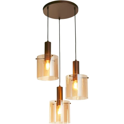 Afbeelding van Lund Hanglamp 3 lichts rond mokka + amber cilinder glas Modern Searchlight