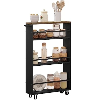 Afbeelding van WOLTU Keukenwagen met 3 niveaus, keukenrek, serveerplank, rolwagen, trolley voor keuken, kantoor, handvat en remmen, vintage bruin zwart RW050rbs