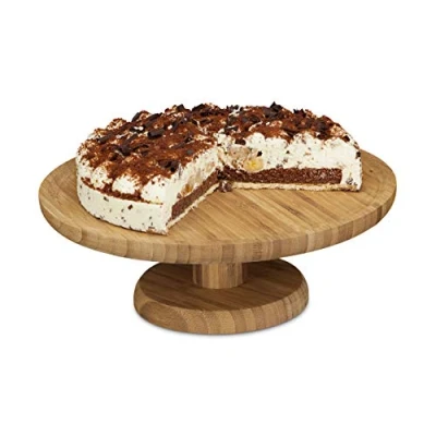 Afbeelding van relaxdays taartplateau bamboe, taartstandaard hout rond houten serveerbord taart
