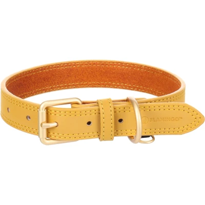 Afbeelding van Leren halsband hond Virginia met Ring ID hanger geel M L