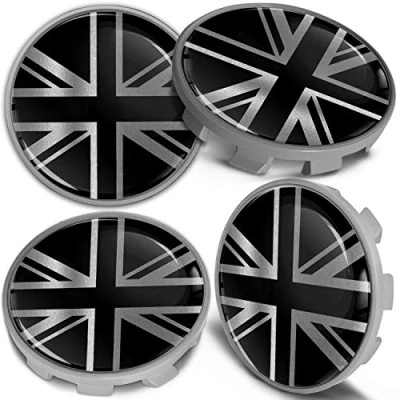 Afbeelding van 4 x 68 mm Britse vlag VK zwart zilver glanzend naafdoppen middenkappen wielvelgen wieldoppen compatibel met BMW naafdop onderdeelnummer: 36136783536 CBS 1
