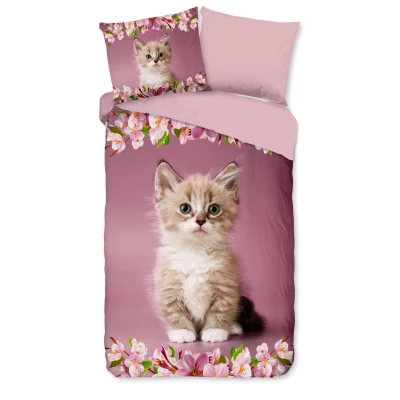 Afbeelding van Good Morning Kinderdekbedovertrek &quot;kitten poes met bloemen&quot; Roze (140x200/220 cm) Katoen