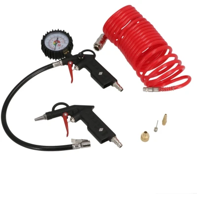 Afbeelding van Airpress Accessoireset Compressor 6 delig Luchtgereedschap Blaaspistool Bandenvulmeter 12 bar 3 Oppompnippels Spiraalslang m