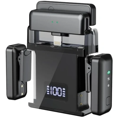 Afbeelding van draadloze stropdasmicrofoon voor iPhone Android (2 TX + 2 RX oplaadhoes), mini microfoon met ruisonderdrukking, 20 uur accu, 60 m Bluetooth 16/15/14/13/, Android, PC
