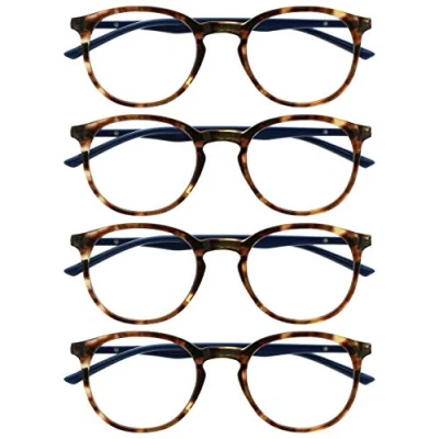 Afbeelding van OPULIZE Set van 4 slanke ronde monturen, veerscharnieren, krasbestendig, bruin, schildpad, mannen, vrouwen, RRRR60 2 +3,50