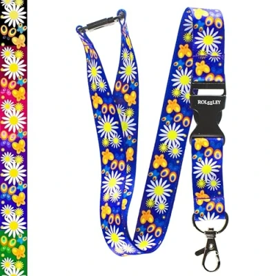 Afbeelding van Rolseley Multicolour Lanyard Neck Strap met Bloemen Madeliefjes Blauw Patroon Veiligheid Breakaway (1 Blauw)