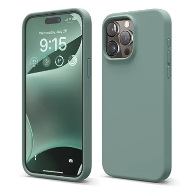 Afbeelding van elago Vloeibare siliconen telefoonhoes compatibel met iPhone 15 Pro Max, hoogwaardig, volledige bescherming, 4 laags schokbestendige structuur, zachte microvezel anti kras voering (Nachtgroen)