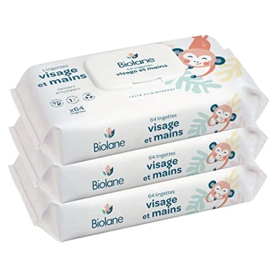 Image de BIOLANE Lingettes bébé visage et mains Lot de 3 paquets 192Lingettes(3x64) Nettoie protège Toilette Hyppoallergénique Peaux Sensibles 97% d&#039;ingrédients naturels Fabriqué en France