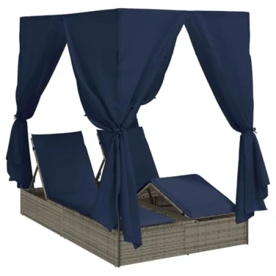 Afbeelding van vidaXL Dubbele Loungebank Set van 2 Grijs en Marineblauw Rattan Groot