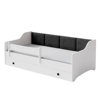 Afbeelding van KOBI Eryk Kinderbed, wit, 160 x 80 cm, gestoffeerde panelen, lade, matras, leuningen, voor kinderkamer, meisjes, jongens, zwarte panelen