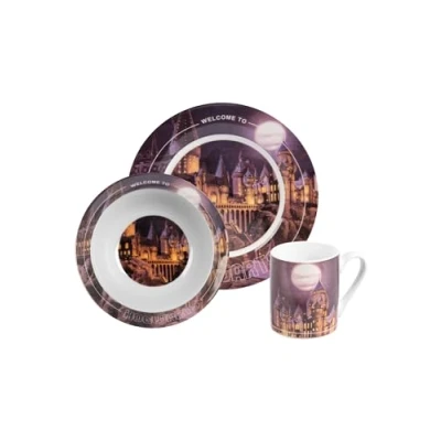 Afbeelding van United Labels Harry Potter Ontbijtset voor kinderen, Hogwarts, 3 delig, van porselein, met bord, kom en beker, vaatwasser magnetronbestendig