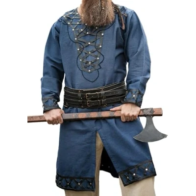 Afbeelding van Leonardo Carbone® Erik Viking tuniek? Middeleeuwse kleding voor heren, vrije tijd, korte mouwen, carnavalskostuum, Vikingtuniek, LARP kleding, 100% katoen met applicaties, Donkerblauw