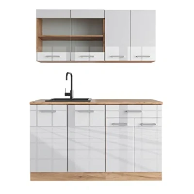 Afbeelding van Vicco keuken &quot;R Line&quot;, Helder wit/gouden eiken, 140 cm zonder werkblad