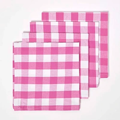 Afbeelding van Homescapes roze geruite katoenen stoffen servetten in een verpakking van 4